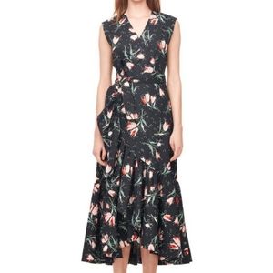 Rebecca Taylor Black Ikat Tulip Poplin Wrap Midi Cocktail Dress